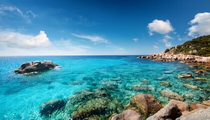 Fototapeta premium tranquil seascape with clear blue water and rocky shoreline under bright sky