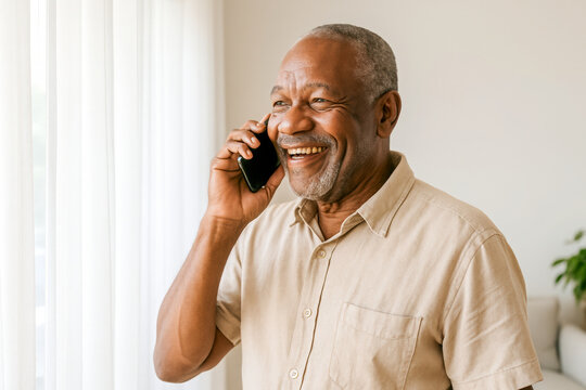 Smiling African American senior man with gray hair and beard standing indoors in beige shirt while talking on smartphone, portrait of joyful lifestyle, technology use, wellness, confidence
