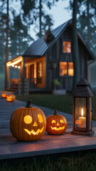 Carved pumpkins and lantern on wooden deck outside rustic cabin at dusk