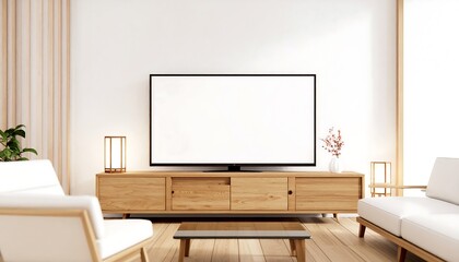 A modern, minimalist living room showcasing a light-toned wooden entertainment center and comfortable white furniture, highlighted by a blank television screen.