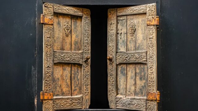 A close-up shot of an open wooden door set against a dark, featureless background