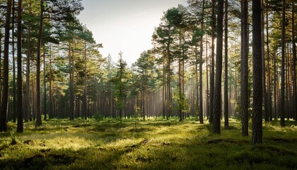 Fototapeta premium a serene forest clearing bathed in dappled sunlight with towering pine trees