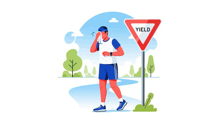 Vector illustration of a tired runner stopping near a yield sign, representing overexertion and the need to pause during exercise