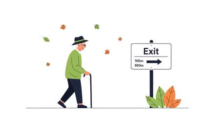 Vector illustration of elderly man walking near exit sign during autumn season