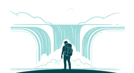 Vector Illustration Of Hiker Admiring Majestic Waterfall In Serene Mountain Landscape