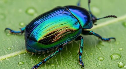 Naklejka premium Iridescent Leaf Beetle on a Leaf with Water Droplets, Macro Photography