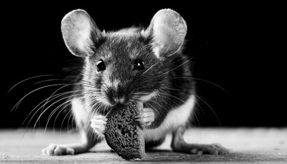 black and white close up of a mouse eating bread with its paws