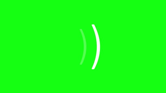 loudness volume or wi-fi signal transmission icon of three simple white curved lines on a green chroma key background used for radio internet and television broadcasting iconography animation 4K