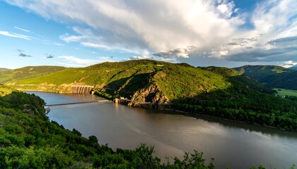 Fototapeta premium Expansive view of a river valley, showcasing a dam, lush green hills, and a bright, partly cloudy sky.