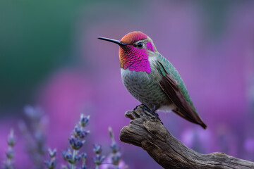 Fototapeta premium Hummingbird with iridescent pink gorget perched on a weathered branch with lavender flowers image