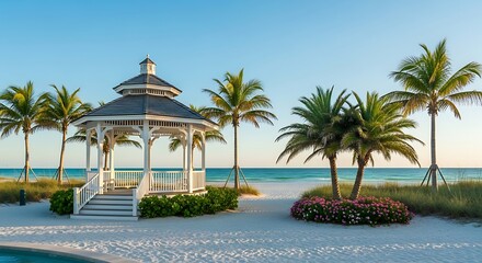 Beautiful beach gazebo with palm trees and ocean view.