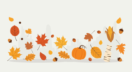 Naklejka premium Vibrant Autumnal Arrangement With Pumpkins, Leaves, Corn And Acorns Scattered Around