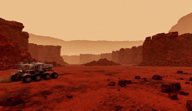 A donkey and horse carriage travel through the rocky, red desert landscape of Monument Valley at sunset