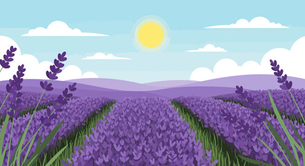 Fototapeta premium Vibrant Lavender Fields Under Sunny Sky Cartoon Landscape Illustration