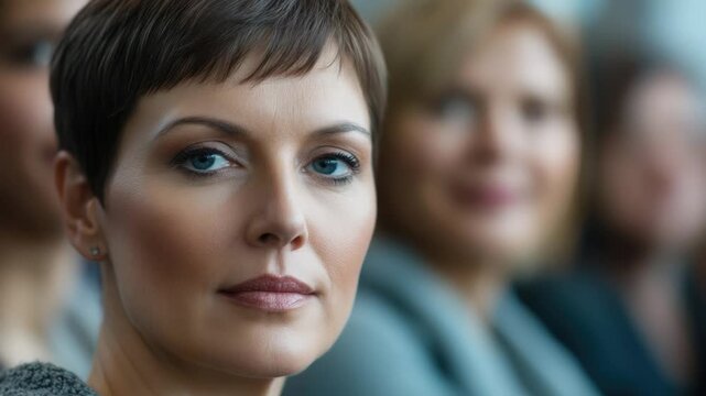 A close-up shot of a woman surrounded by others, suitable for use in illustrations about community or social settings