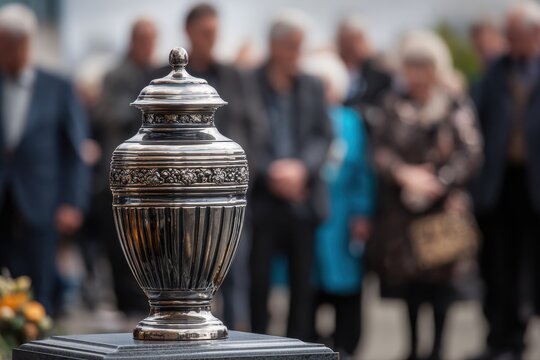 A Reflective Metal Urn Surrounded by Grieving Loved Ones at a Memorial Service, Honoring a Life's Final Farewell