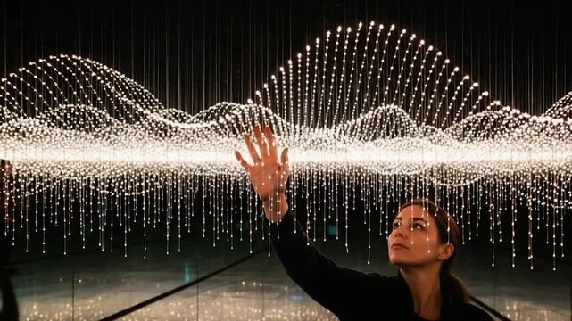 Woman interacting with a light installation, creating wave patterns with hanging lights.