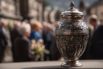 Metal Urn Surrounded by Mourning Family at a Heartfelt Memorial Service