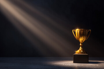 Golden trophy on dark background with dramatic light rays and spotlight award winner