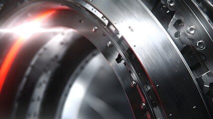 A detailed close-up view of intricate mechanical parts, showcasing a circular design with gleaming metallic surfaces and striking red accents.