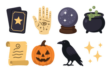Mystical symbols collection: tarot cards, palmistry, crystal ball, cauldron, scroll, pumpkin, raven, stars