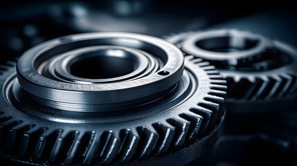 Close-up view of intricate gear mechanisms, showcasing precise engineering and a deep, muted blue-gray color palette.