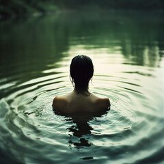 Fototapeta premium Alone in a Quiet Green Lake at Dusk