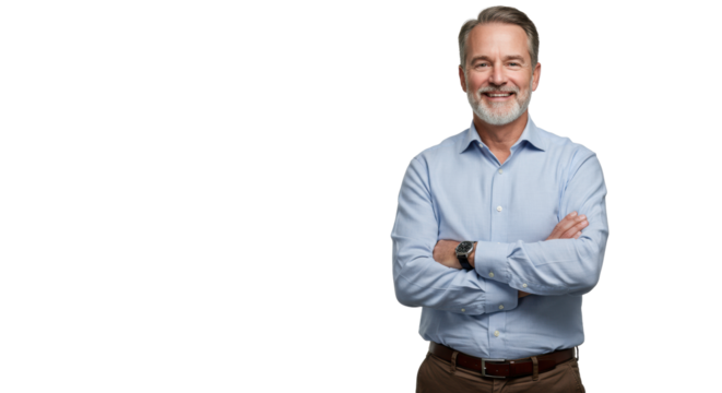 A confident middle-aged caucasian man with a grey beard and neat hair, in a light blue shirt, brown trousers, standing with crossed arms against a blurred white studio, concept of corporate leadership