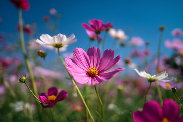 Close up of pink cosmos flowers in a field under a clear blue sky white purple