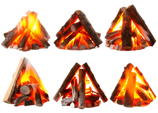 Six bonfires with glowing embers and flames isolated on a transparent background  - Powered by Adobe