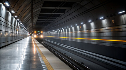 Obraz premium High speed train arrives at futuristic underground metro station platform with modern architecture