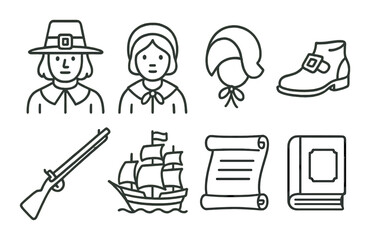 Colonial illustrations: pilgrims, ship, scroll, book, hat, shoe, rifle