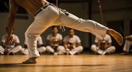 Capoeira kick, neck down, plain attire, cultural martial art setting.