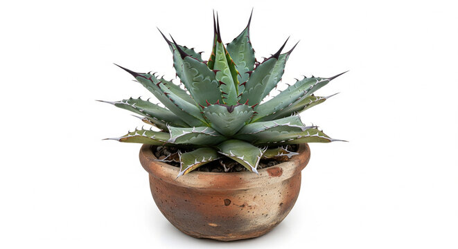 Vibrant blue-green Agave succulent plant in a rustic terracotta clay pot isolated on a clean white background for home decor.