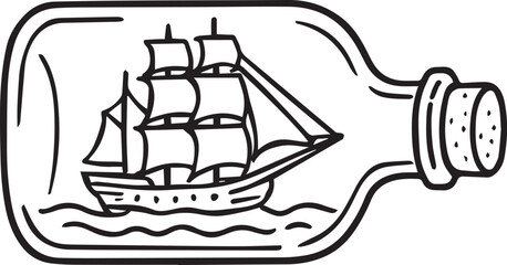 Vintage Sailing Ship in a Bottle: A classic monochrome illustration showcases a traditional sailing ship, expertly crafted and preserved within a glass bottle. A timeless symbol of adventure.