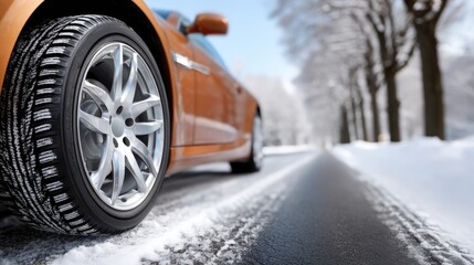 Naklejka premium A sleek orange sports car with black rims drives carefully along a snow-covered road surrounded by tall trees at sunset