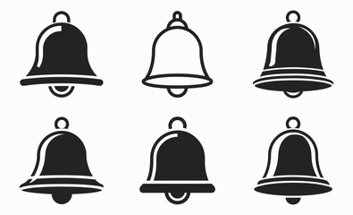 Bell silhouette icon set, black and white bell, minimalist vector design, ringing bell graphic, simple outline illustration