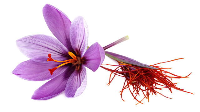 Saffron flower with red stigmas on white background isolated on a transparent background