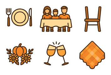 Thanksgiving family dinner icons with table, plate, chair, harvest, toast, and napkin