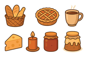 Basket with breads, pie, cup of coffee, cheese, candle, jam, and honey jar on brown background