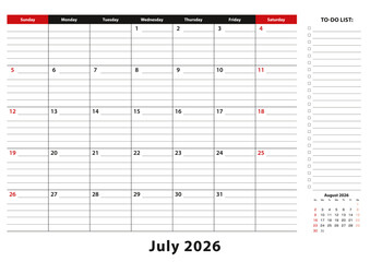 July 2026 Monthly Desk Pad Calendar week starts from sunday, size A3. © boldg