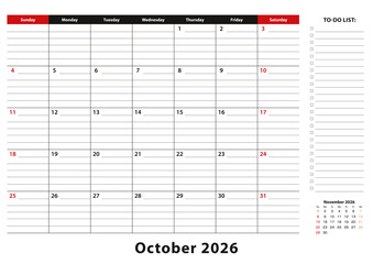 October 2026 Monthly Desk Pad Calendar week starts from sunday, size A3.
