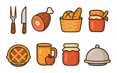 Rustic kitchen icons: cutlery, ham, bread, jam, pie, mug, apple, dish cover