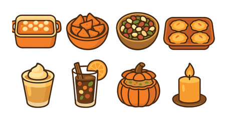 Autumn feast icons featuring various foods and drinks with warm candlelight ambiance