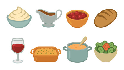 Traditional thanksgiving dinner items: mashed potatoes, gravy, cranberry sauce