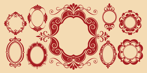 Vintage. Frame. Ornate. A classic vector set of red decorative frames with baroque flourishes for a wedding invitation, a certificate, a diploma, or a luxury brand's logo design asset.