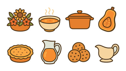 Autumn harvest icons featuring soup, casserole, pumpkin, pie, and hot drinks in warm tones