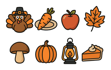 Thanksgiving icons: turkey, carrot, apple, leaf, mushroom, pumpkin, lantern, pie