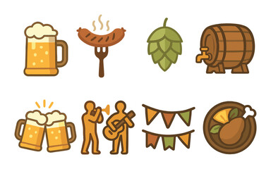 Oktoberfest icons: beer, sausage, music, and celebration symbols