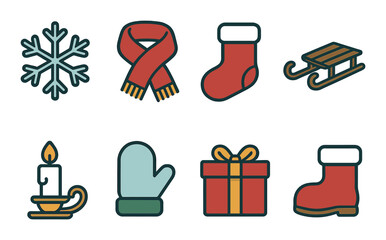 Festive winter icons: snowflake, scarf, stocking, sled, candle, mitten, gift, boot